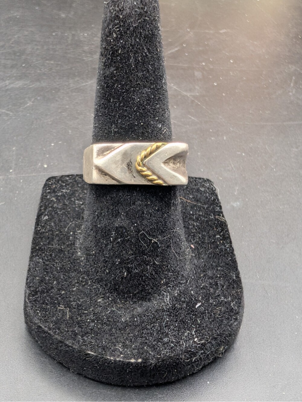Vintage Sterling Silver 925 Chevron Modernist Gold Tone Rope Ring Mexico